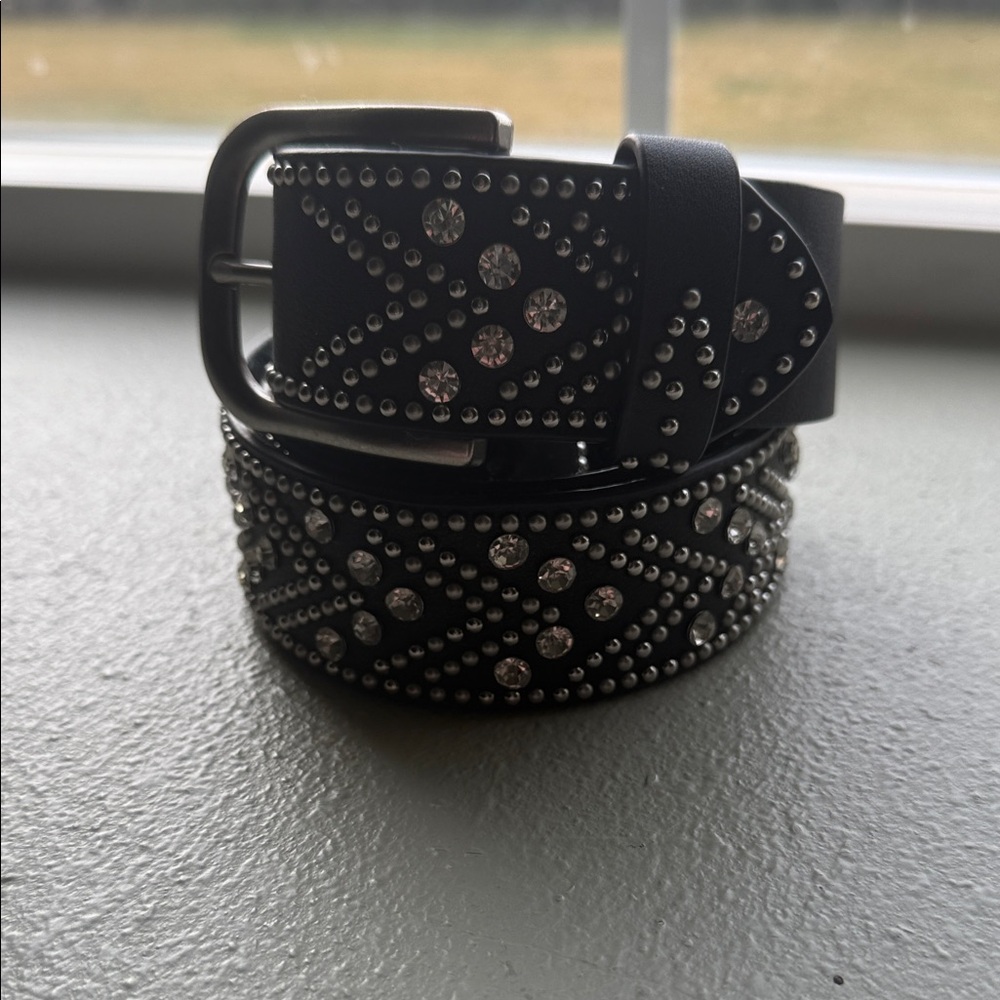 Black Leather Belt with Silver Buckle and Rhinestones, Size Large. Hardly worn.